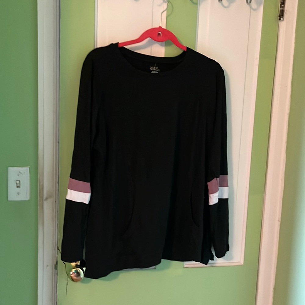 Black Long-Sleeve Women's Top with Pink and White Sleeve Detail